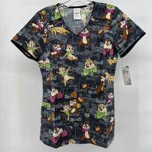Disney Chip‎ & Dale Scrub Top Women's XS Gray V-Neck 2 Pockets 100 % Cotton